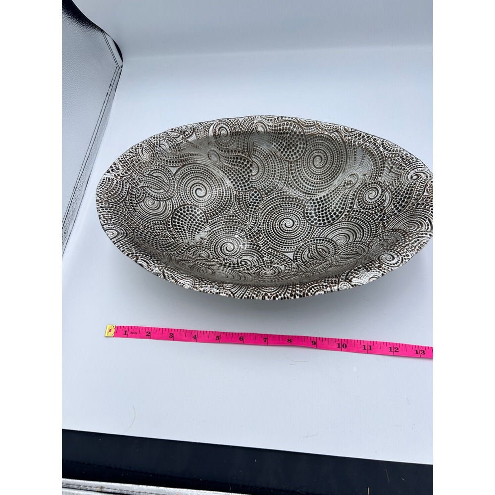 Silver Bronze Textured Swirl Paisley Glass Oval Decorative Centerpiece Bowl 13"